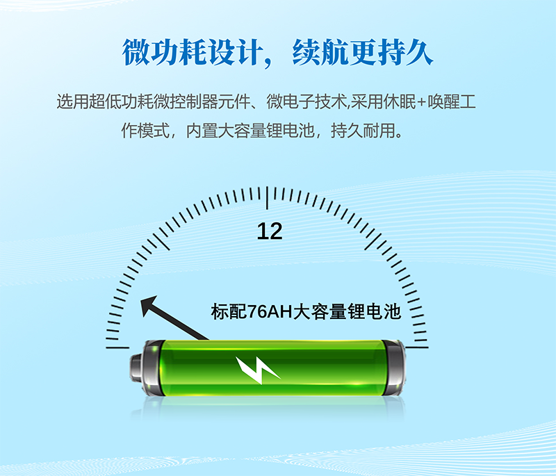 微功耗設計，續航更持久：選用超低功耗微控制器元件、微電子技術,采用休眠+喚醒工作模式，內置大容量鋰電池，持久耐用。