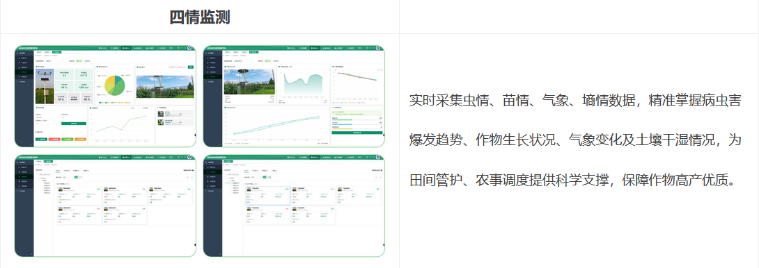四情監測：實時采集蟲情、苗情、氣象、墑情數據，精準掌握病蟲害爆發趨勢、作物生長狀況、氣象變化及土壤干濕情況，為田間管護、農事調度提供科學支撐，保障作物高產優質。